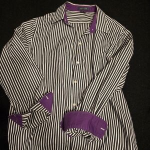 Ralph Lauren 100% Cotton Striped Black and White Shirt with Purple Accents